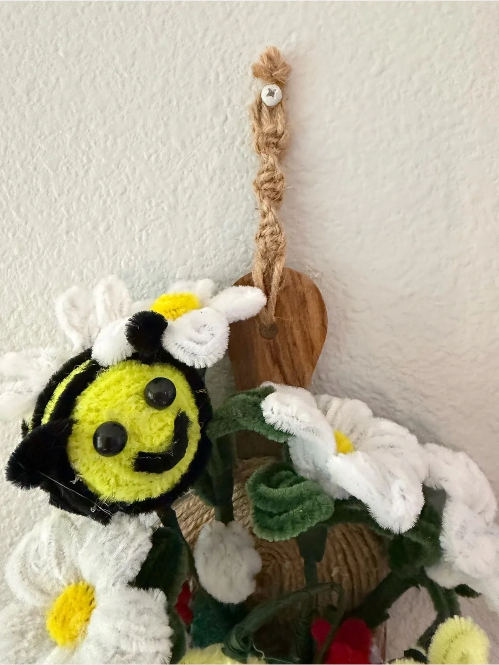 Whimsical Purple Flower Pot Wall Art with Yellow Bee Accents